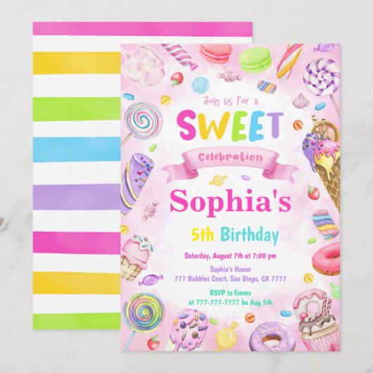 Snoep Land Verjaardagsuitnodiging Kaart (Voorkant / Achterkant)