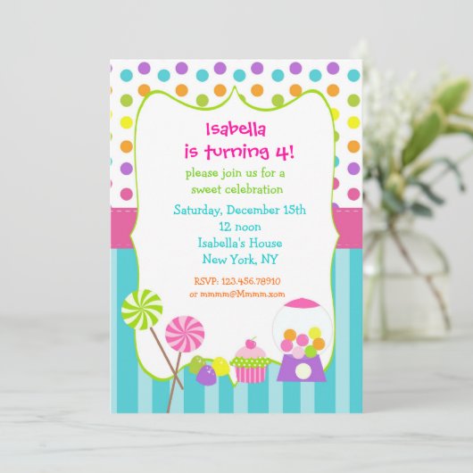 Snoep land zoete winkels verjaardagsuitnodigingen kaart (Staand voorkant)