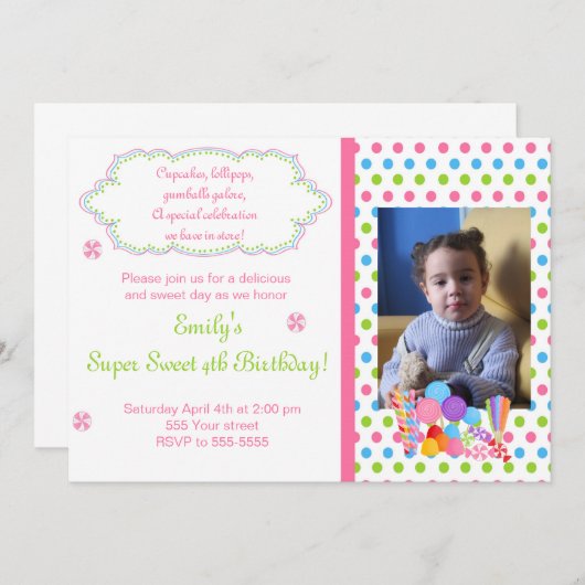 Snoep Lollipop Sweet Birthday Fotouitnodiging Kaart (Voorkant / Achterkant)