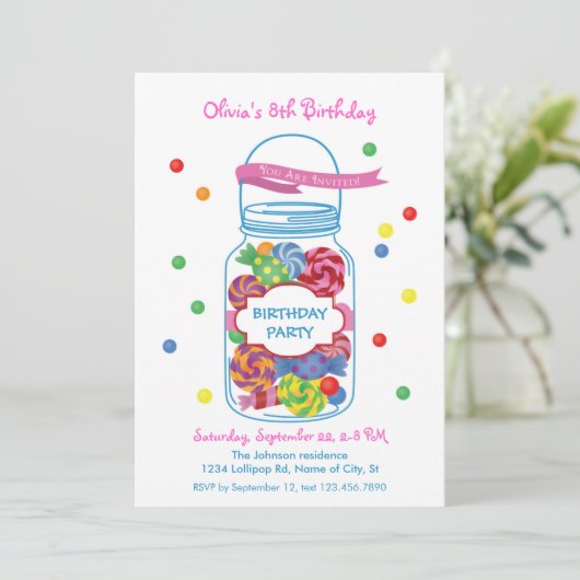Snoep Mason Jar Birthday Uitnodiging (Staand voorkant)
