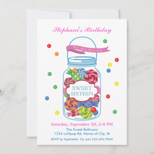 Snoep Mason Jar Sweet Sixteen Uitnodiging (Voorkant)