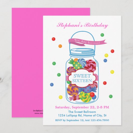Snoep Mason Jar Sweet Sixteen Uitnodiging (Voorkant / Achterkant)