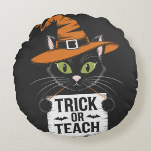 Snoep of Leer Halloween Kat - Grappige Leraar Rond Kussen