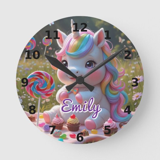 Snoep Picnic Unicorn Wall Clock – Bewerkbare naam Ronde Klok (Voorkant)