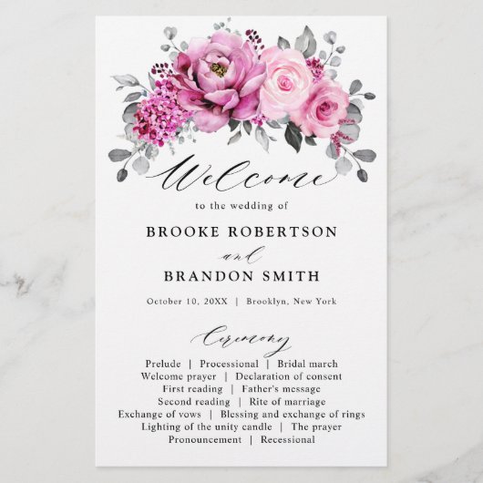 Snoep Pink White Silver Floral Wedding Programme (Voorkant)