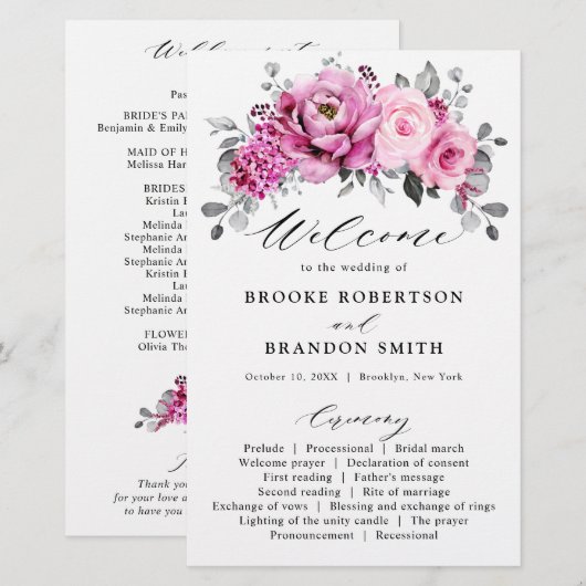 Snoep Pink White Silver Floral Wedding Programme (Voorkant / Achterkant)