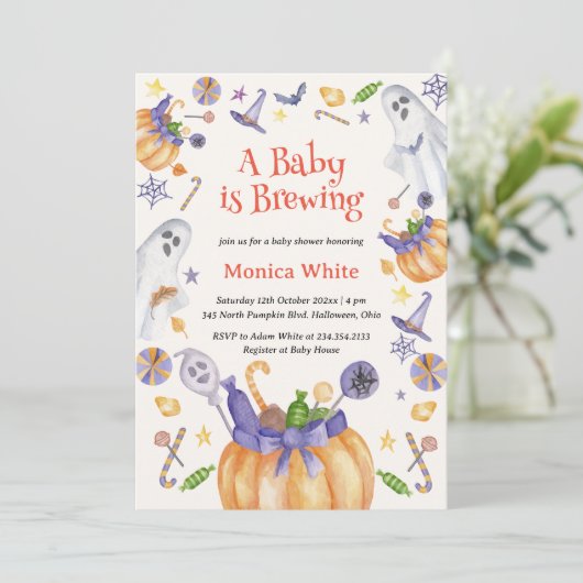 Snoep Pompoen Geesten Halloween Baby Brewing Showe Kaart (Staand voorkant)