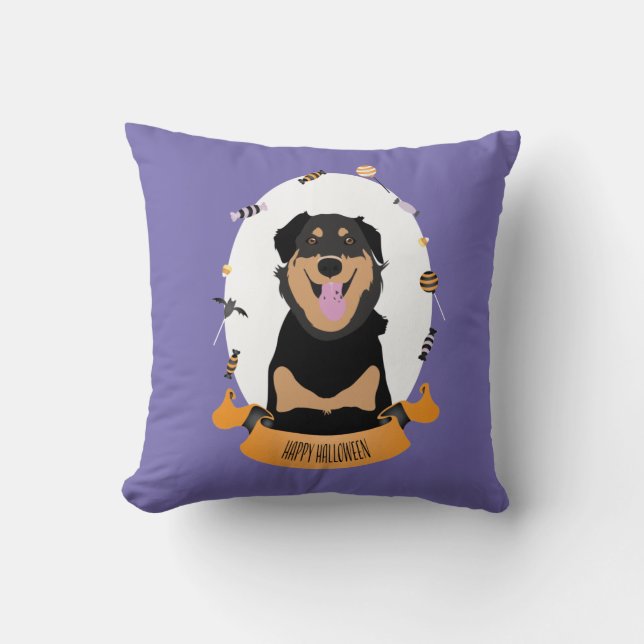 Snoep Portret Rottweiler Dog Paars Sinaasappel Kussen (Voorkant)