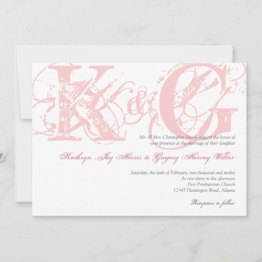 Snoep roze antiek grunge monogram bruiloft kaart (Voorkant)