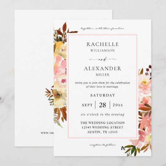 Snoep Roze en Gele Floral 2 bruiloft Kaart (Voorkant / Achterkant)