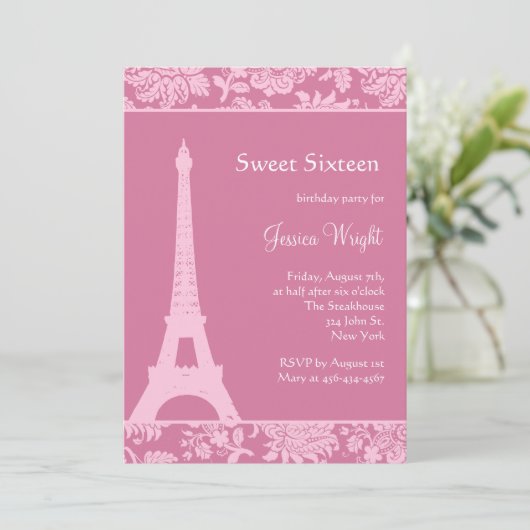 Snoep Roze in Paris Birthday Invitation Kaart (Staand voorkant)