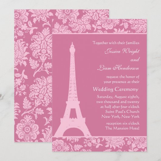 Snoep Roze in Paris Wedding Invitation Kaart (Voorkant / Achterkant)