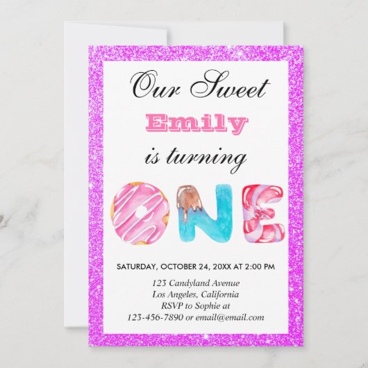 Snoep roze Paarse glitter eerste geboorte op één d Kaart (Voorkant)