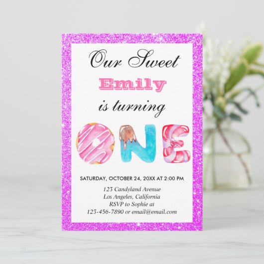 Snoep roze Paarse glitter eerste geboorte op één d Kaart (Staand voorkant)