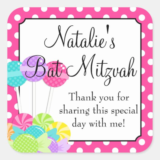 Snoep Roze Polka Dot Bat Mitzvah Vierkante Sticker (Voorkant)