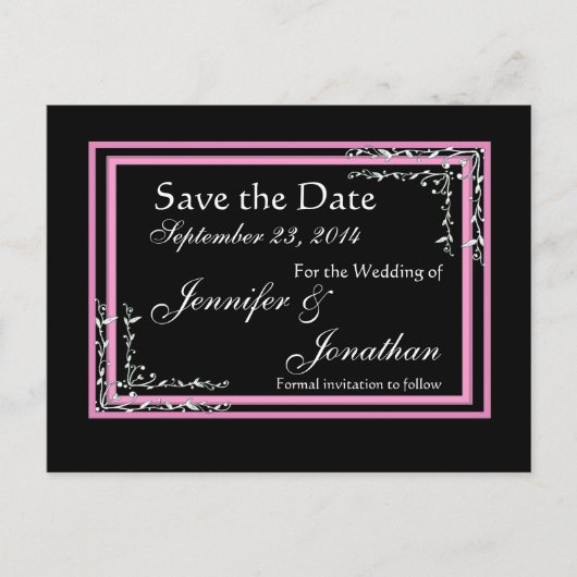 Snoep Roze & Zwarte Scroll Opslaan Datum Trouwen Aankondigingskaart (Voorkant)