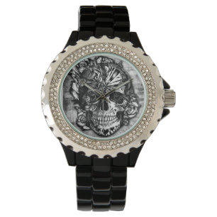 Snoep schedel, grijze suikerschedel in zwart-wit. horloge