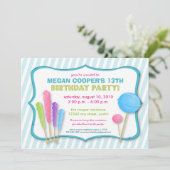 Snoep Shoppe Birthday Party Invitation (blauw) Kaart (Staand voorkant)