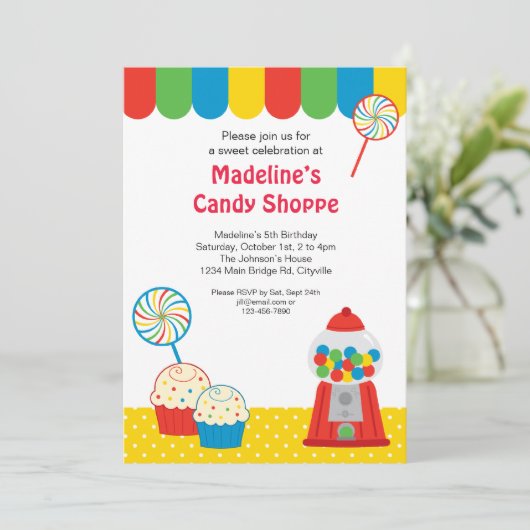 Snoep Shoppe Invitation Kaart (Staand voorkant)