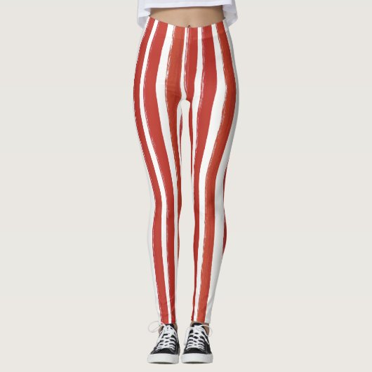 Snoep Stripe Art Rood en Wit Verticaal Gestreept Leggings (Voorkant)