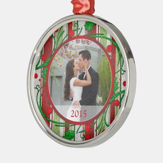 Snoep Stripes Eerste Kerstfeest Samen Foto Metalen Ornament (Links)