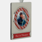 Snoep Stripes Eerste Kerstmis Verzilverd Banner Ornament (Rechts)