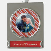 Snoep Stripes Eerste Kerstmis Verzilverd Banner Ornament (Voorkant)