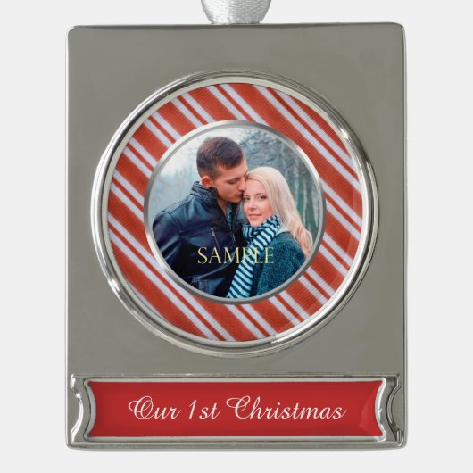 Snoep Stripes Eerste Kerstmis Verzilverd Banner Ornament (Voorkant)