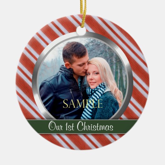 Snoep Stripes First Kerstfoto Template Keramisch Ornament (Voorkant)