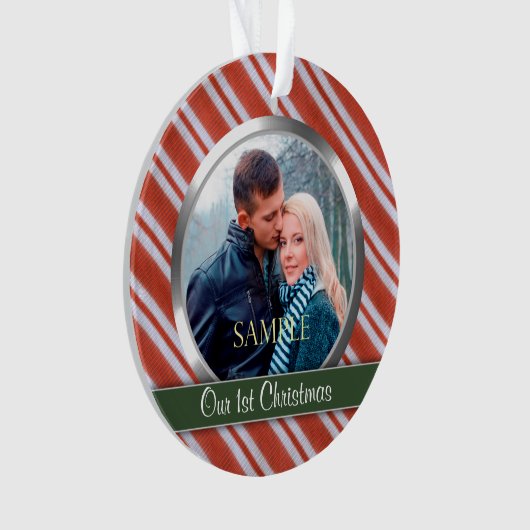 Snoep Stripes First Kerstfoto Template Ornament (voorkant)