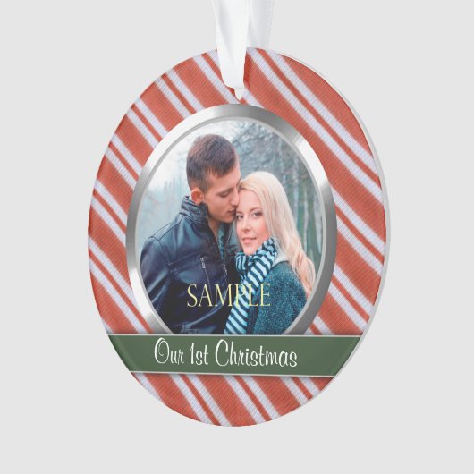 Snoep Stripes First Kerstfoto Template Ornament (voorkant)