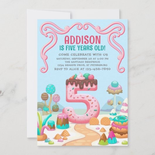 Snoep Sweet Girl's Candyland 5e Verjaardag Kaart (Voorkant)