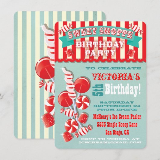 Snoep Sweet Shoppe Birthday Party Invitation Kaart (Voorkant / Achterkant)