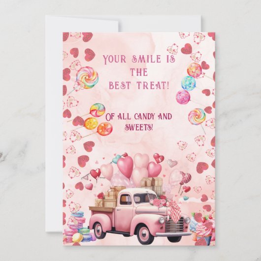 Snoep Sweets Ballons Truck Kinder Roze Valentijns Feestdagenkaart (Voorkant)