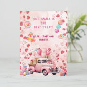Snoep Sweets Ballons Truck Kinder Roze Valentijns Feestdagenkaart (Staand voorkant)