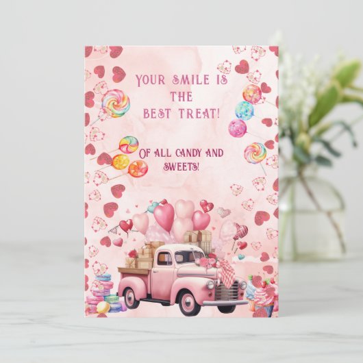 Snoep Sweets Ballons Truck Kinder Roze Valentijns Feestdagenkaart (Staand voorkant)