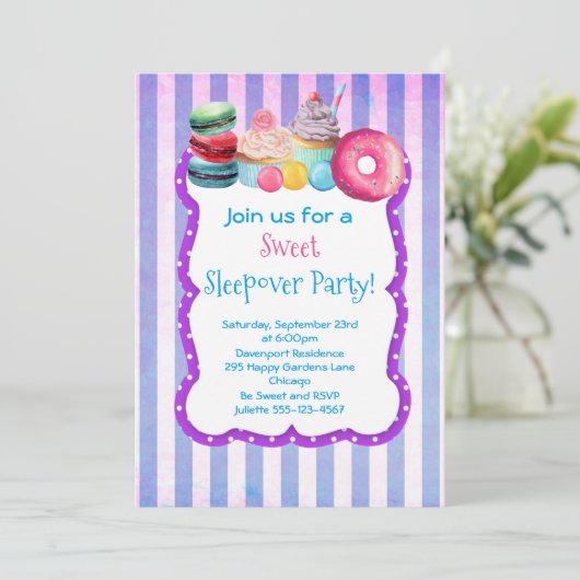 Snoep taart en gebak Sweet Sleepover Party Nodig u Kaart (Staand voorkant)