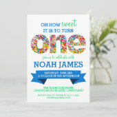 Snoep thema 1e verjaardag Sprinkles BLUE Kaart (Staand voorkant)