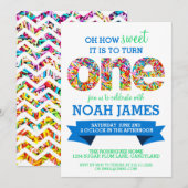 Snoep thema 1e verjaardag Sprinkles BLUE Kaart (Voorkant / Achterkant)