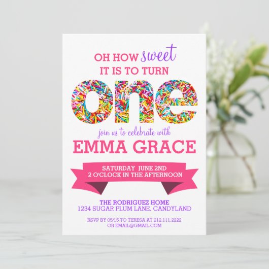 Snoep thema 1e verjaardag Sprinkles nodigt uit Kaart (Staand voorkant)