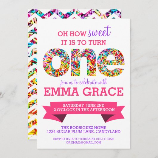 Snoep thema 1e verjaardag Sprinkles nodigt uit Kaart (Voorkant / Achterkant)