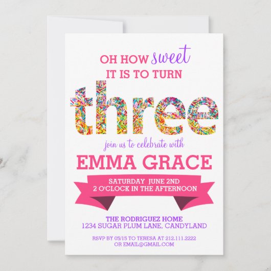 Snoep thema 3e verjaardag springen kaart (Voorkant)