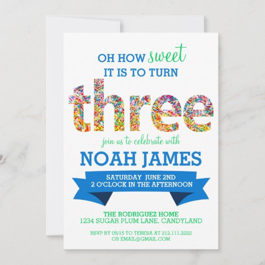 Snoep Thema 3rd Birthday Party Sprinkles BLUE Kaart (Voorkant)