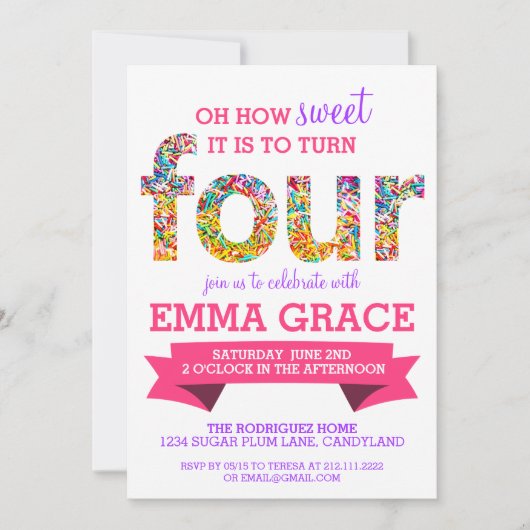 Snoep Thema 4e Verjaardag Party Sprinkles Uitnodig Kaart (Voorkant)