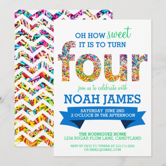 Snoep thema 4e verjaardag sprinkhaan BLUE Kaart (Voorkant / Achterkant)