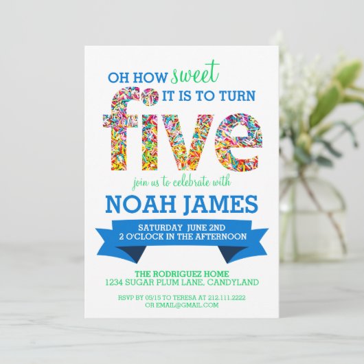 Snoep Thema 5th Birthday Party Sprinkles BLUE Kaart (Staand voorkant)