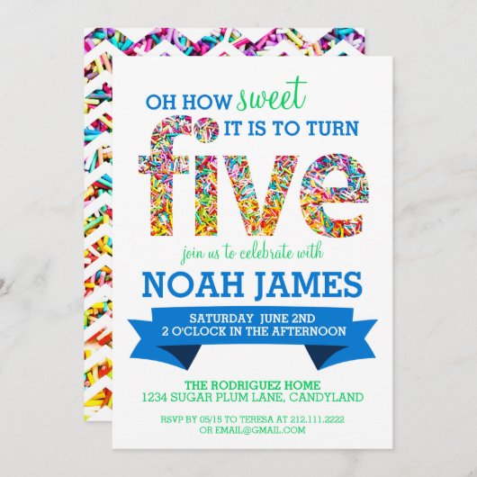 Snoep Thema 5th Birthday Party Sprinkles BLUE Kaart (Voorkant / Achterkant)