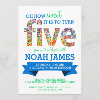 Snoep Thema 5th Birthday Party Sprinkles BLUE Kaart