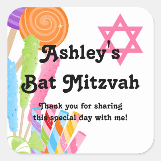 Snoep Thema Bat Mitzvah Favor Vierkante Sticker (Voorkant)