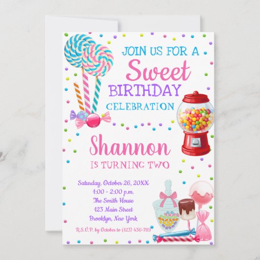 Snoep Thema Candyland Birthday Party Invitation Kaart (Voorkant)